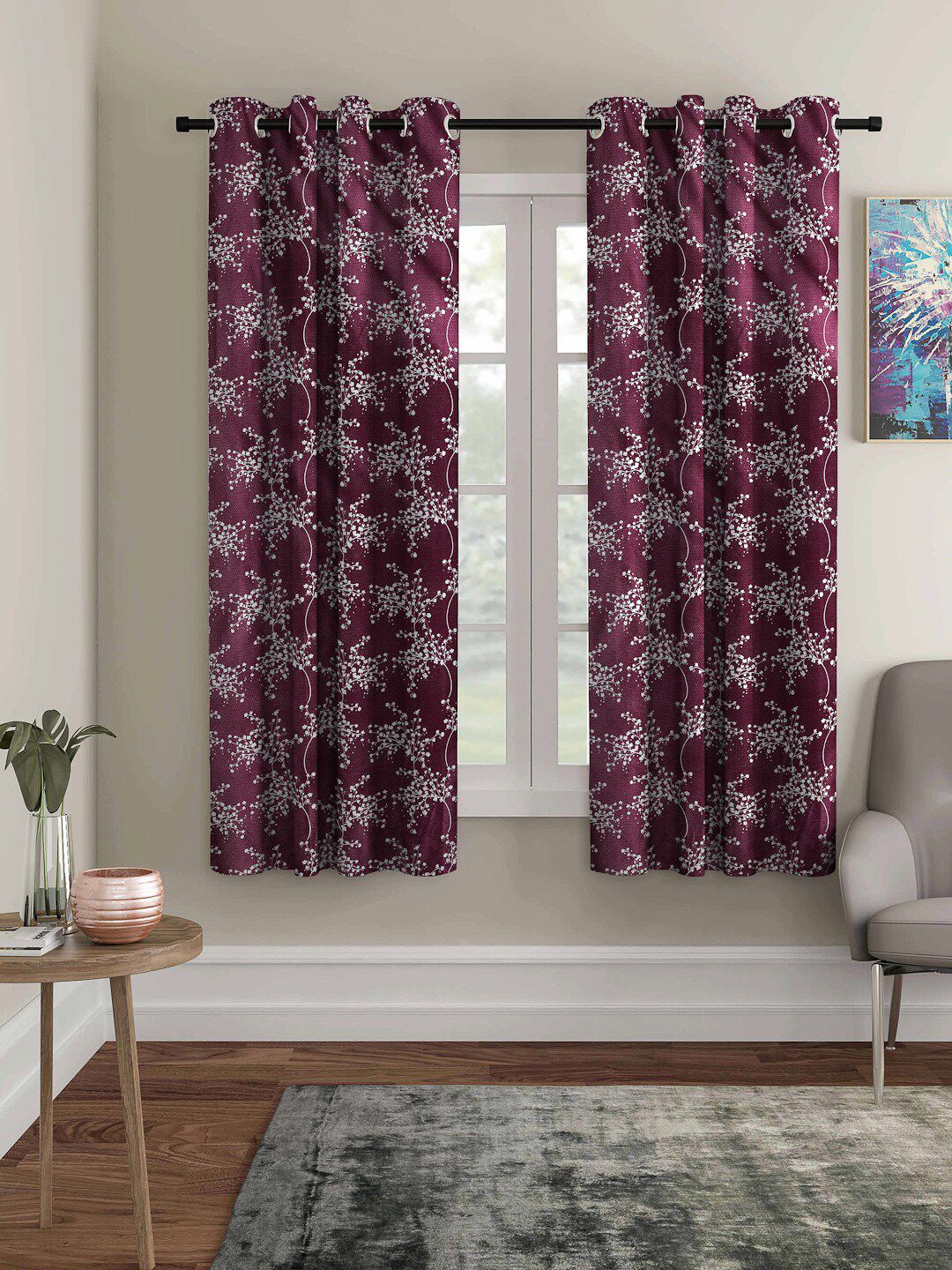 ROMEE Purple & White Set of 2 Floral Room Darkening Window Curtain Price in India