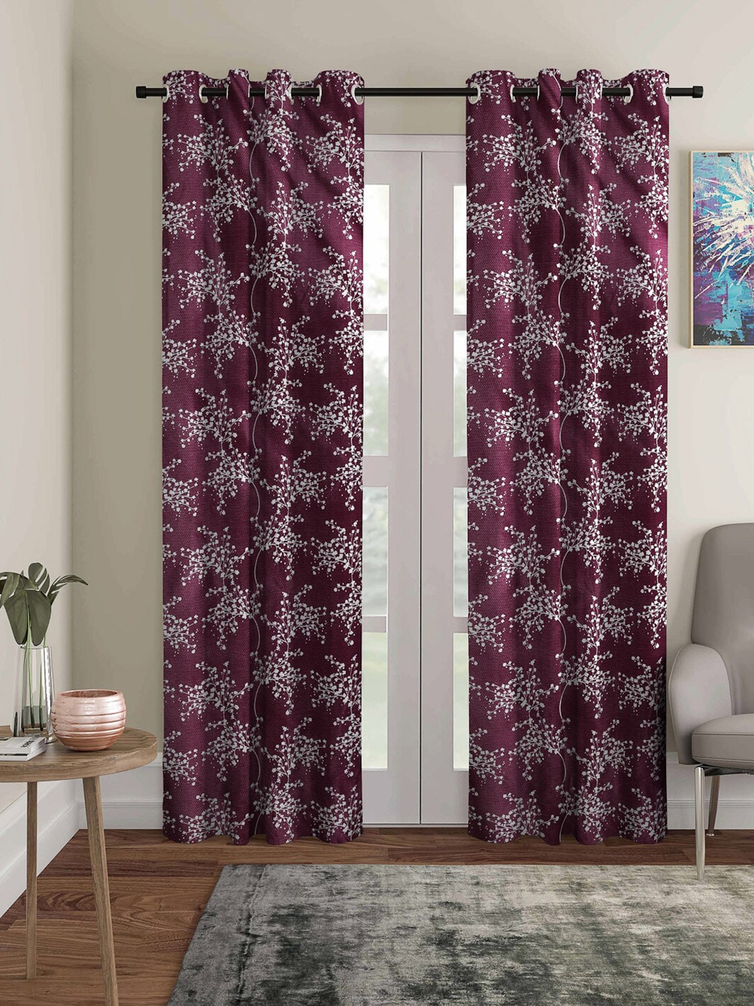 ROMEE Purple & White Set of 2 Floral Room Darkening Door Curtain Price in India