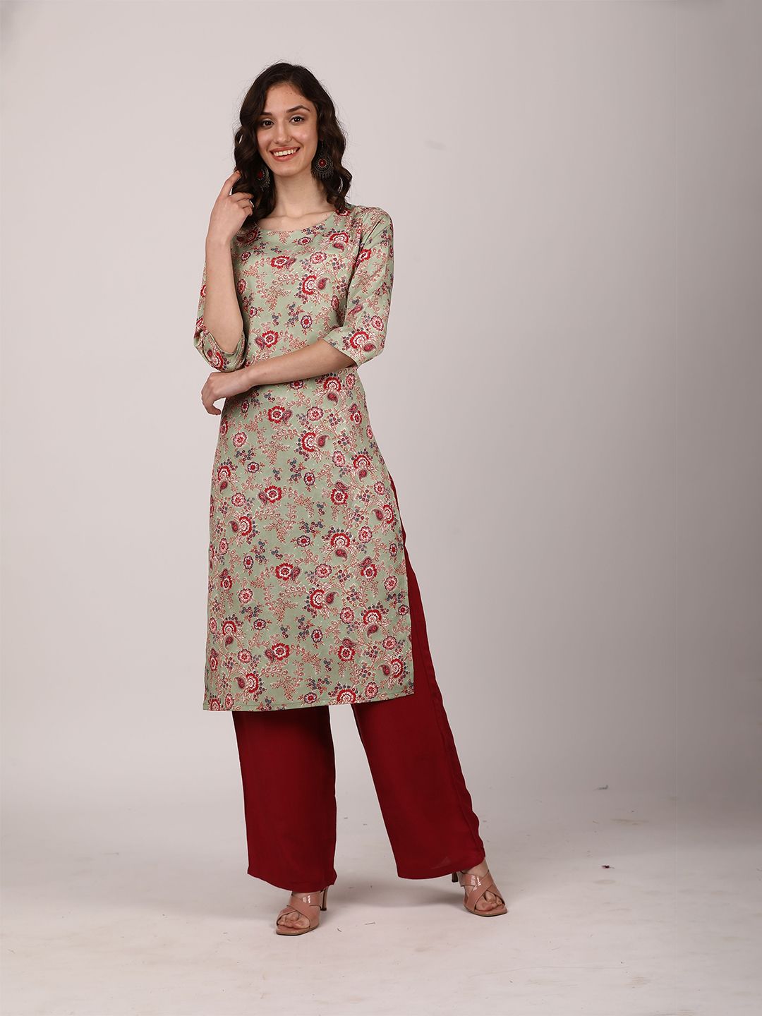 SEW YOU SOON Women Green & Red Floral Print Straight Kurta Price in India