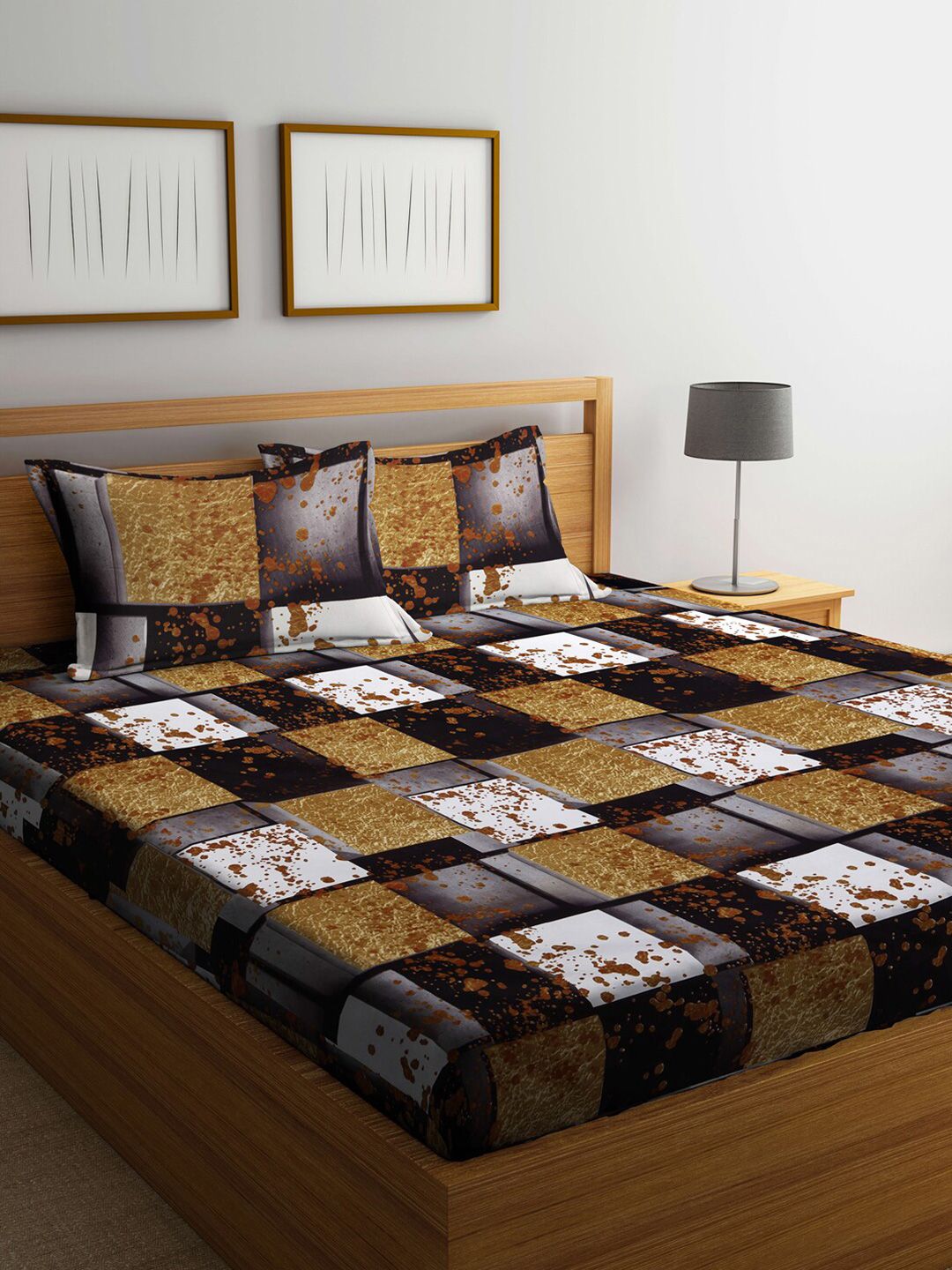 KLOTTHE Brown & Off White Geometric 300 TC King Bedsheet with 2 Pillow Covers Price in India