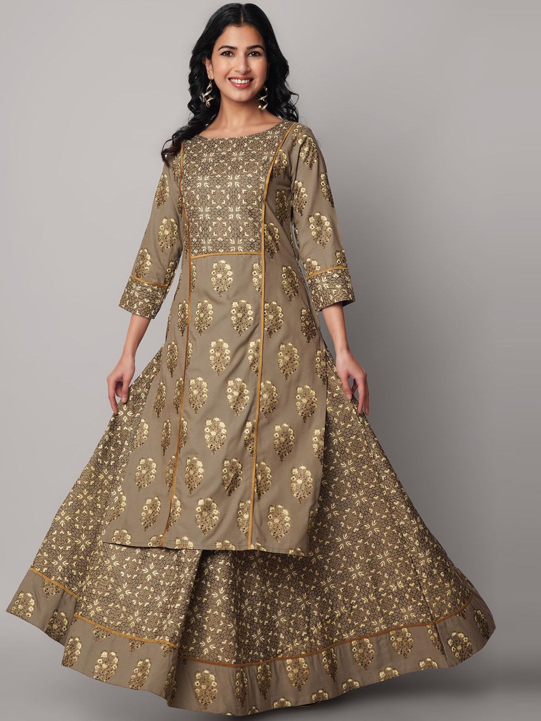 God Bless Women Gold-Toned Ethnic Motifs Printed Kurta with Skirt Price in India