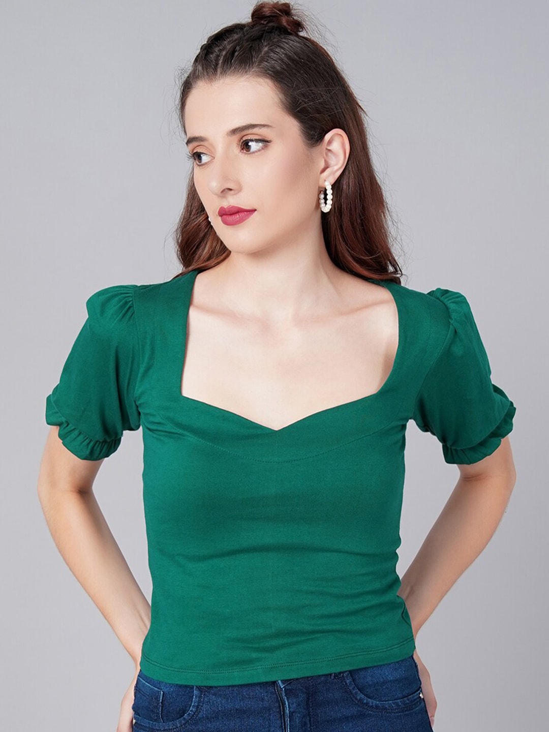 Cation Women Green Solid Sweetheart Neck Top Price in India
