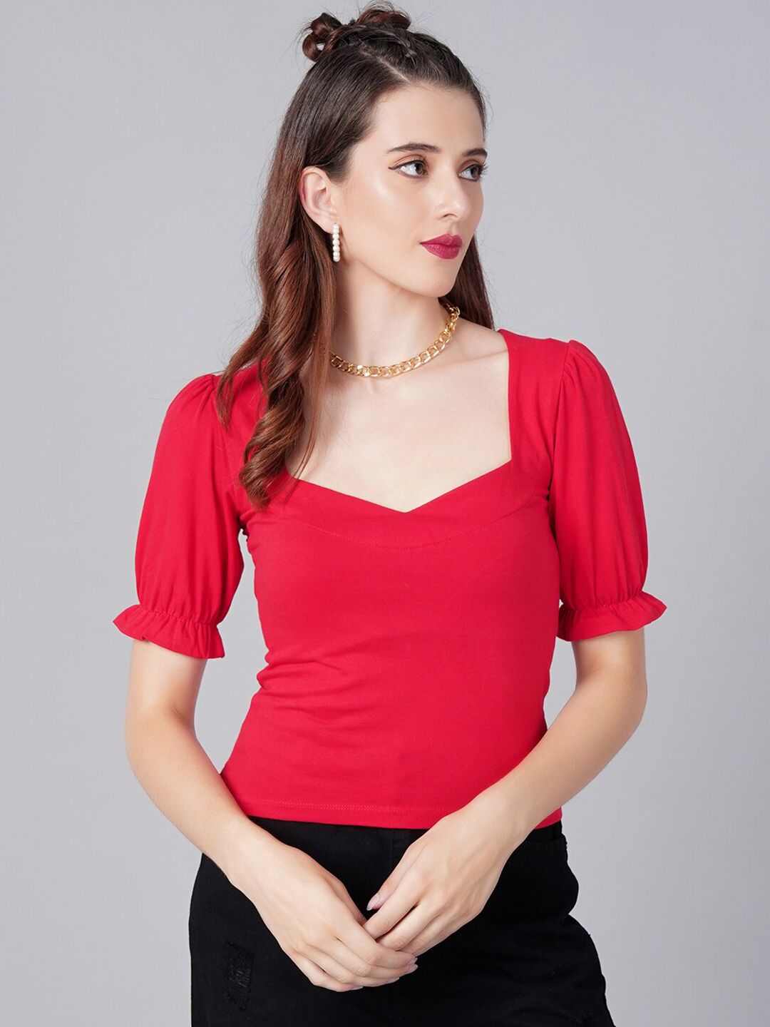 Cation Red Sweetheart Neck Top Price in India