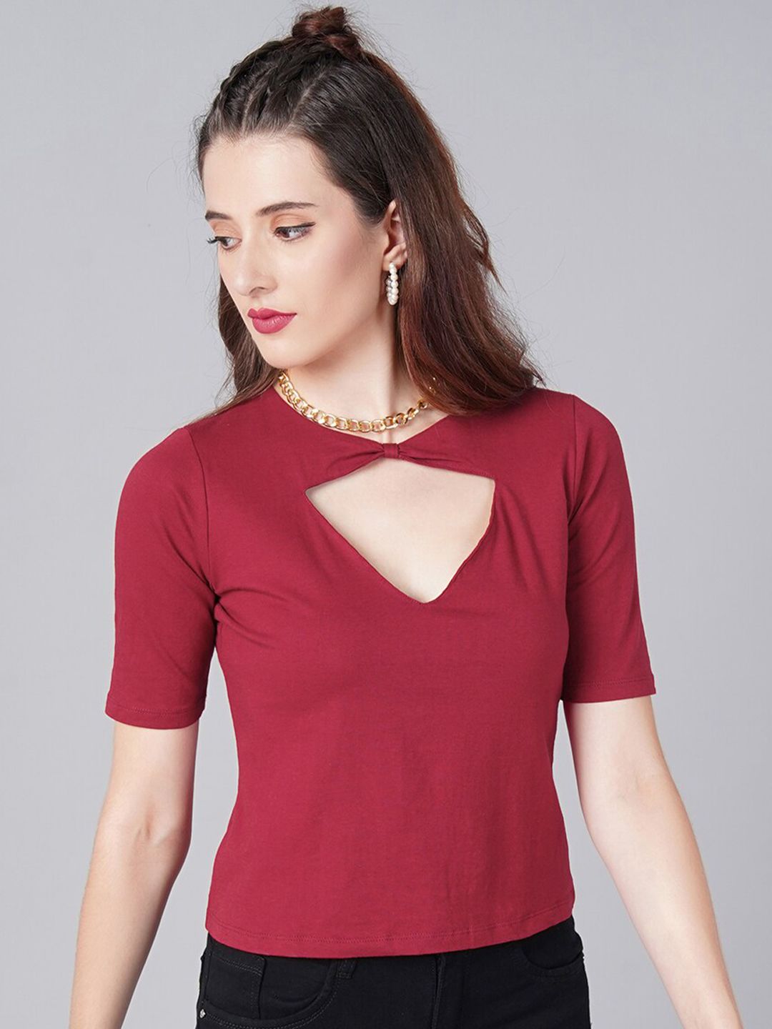 Cation Maroon Solid Pure Cotton Top Price in India