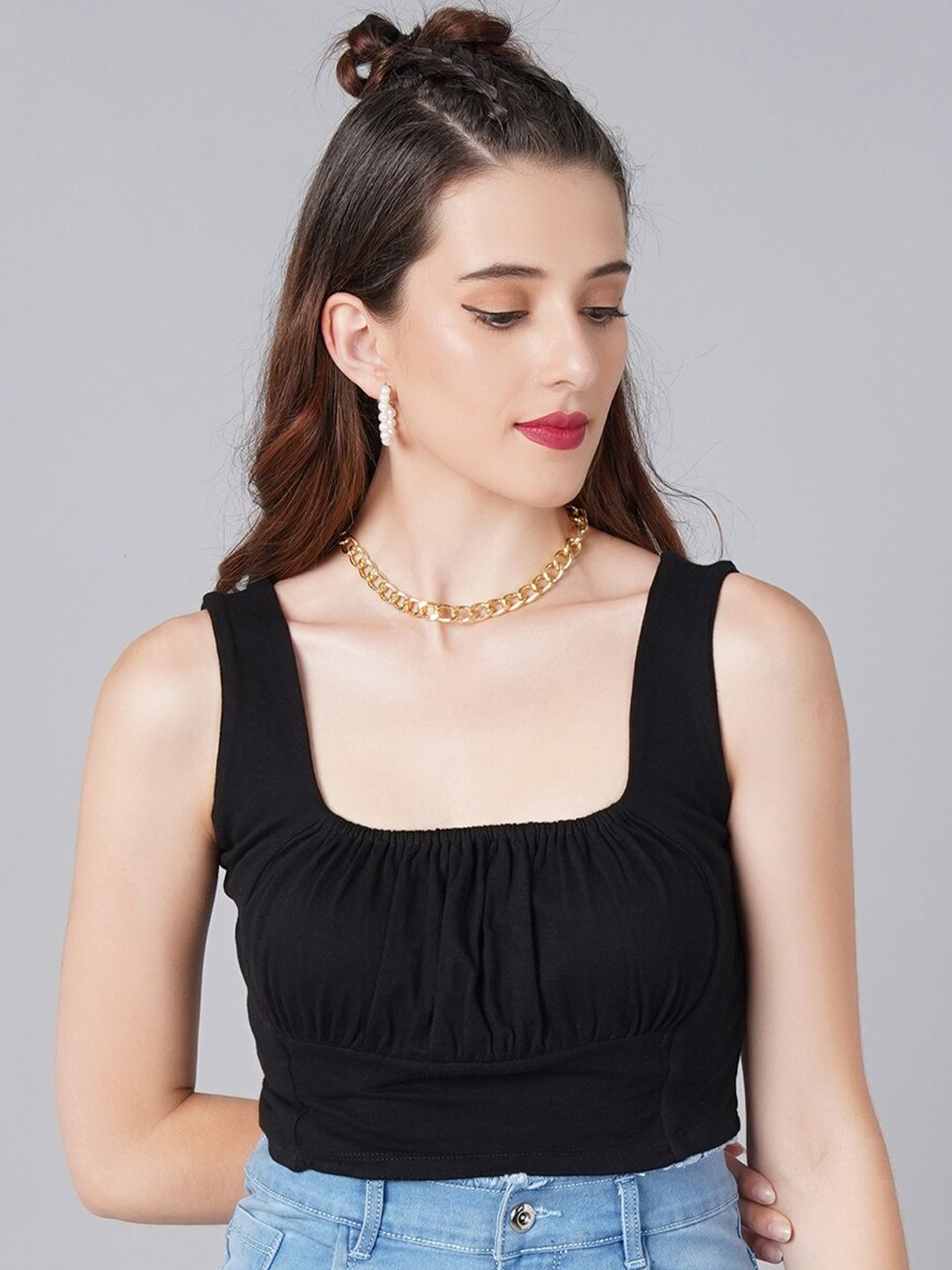 Cation Black Cotton Fitted Crop Top Price in India