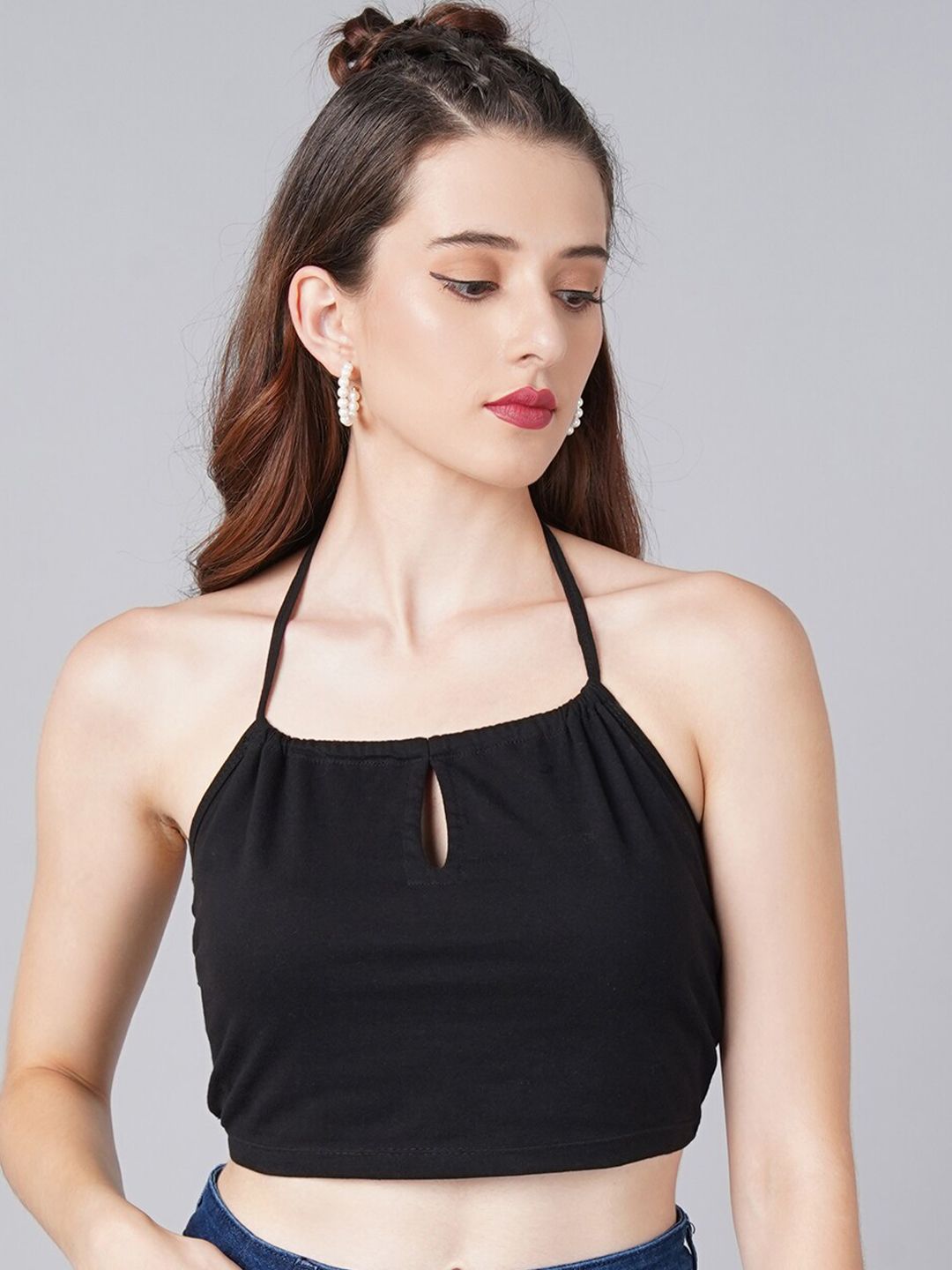 Cation Black Halter Neck Styled Back Crop Top Price in India