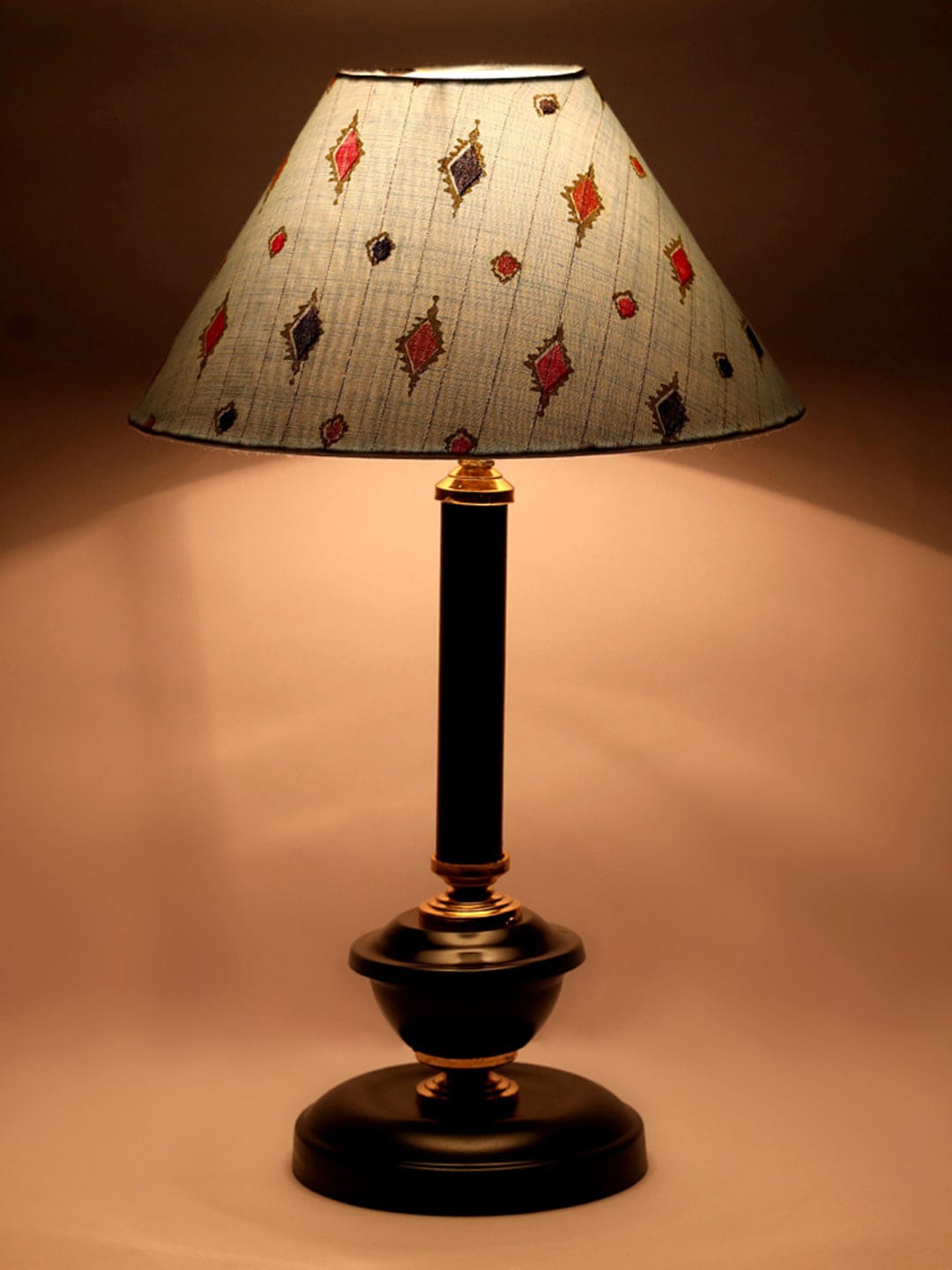 foziq Black & Blue Printed Contemporary Bell Table Lamp With Shade Price in India