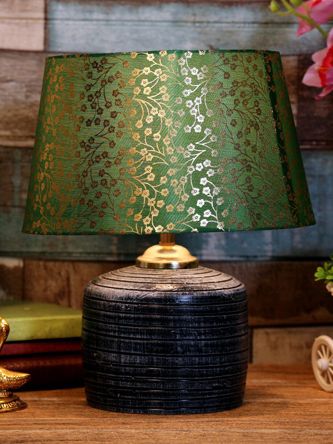foziq Grey & Green Printed Table Lamps Price in India