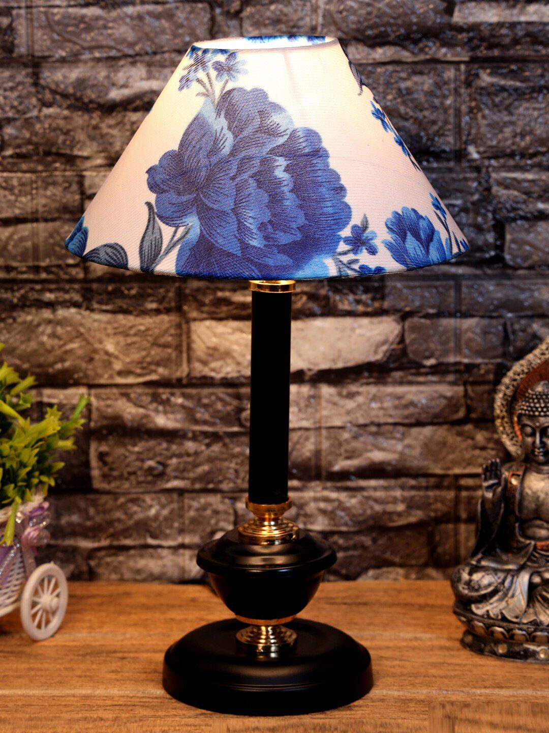 foziq Blue & White Printed Bell Shaped Table Lamp Price in India