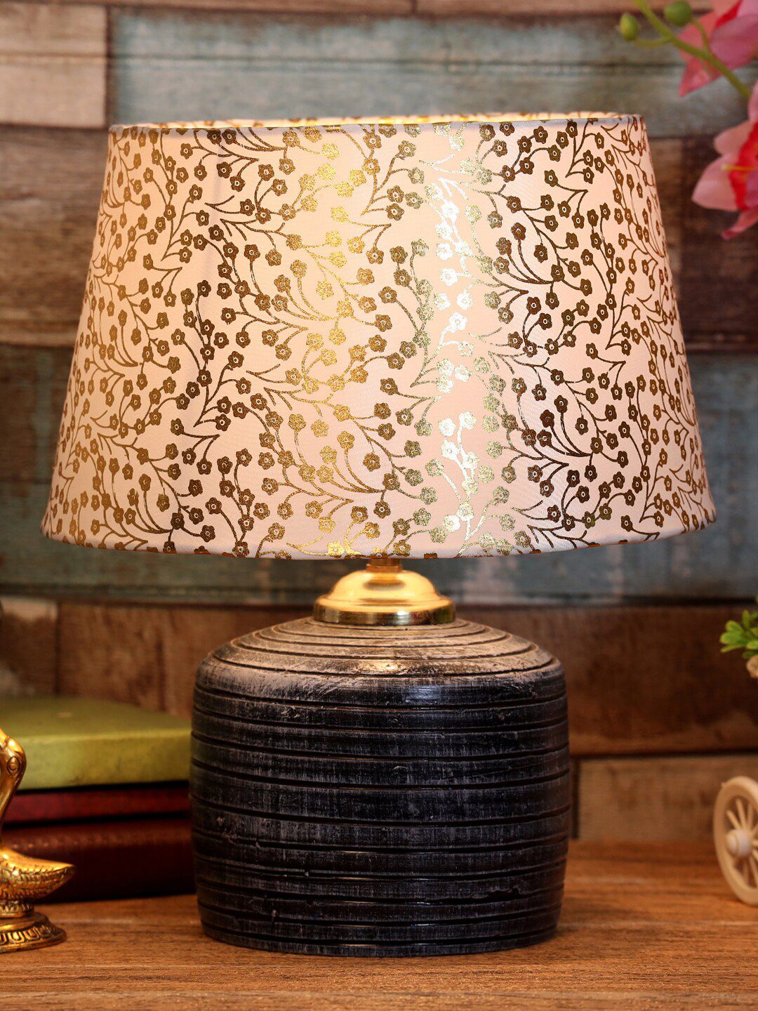 Foziq Grey & Gold-Toned Printed Table Lamps With Shade Price in India