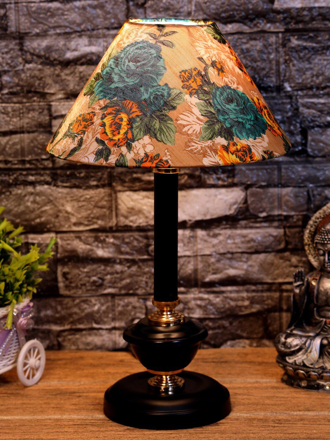 foziq Black & Green Floral Printed Table Lamp Price in India