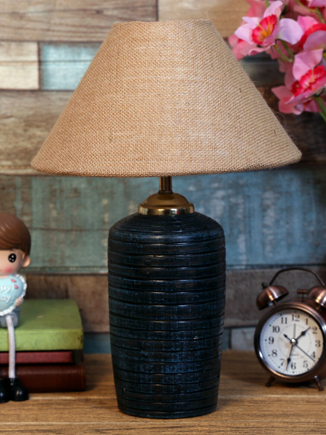 foziq Navy Blue & Beige Solid Table Lamp Price in India