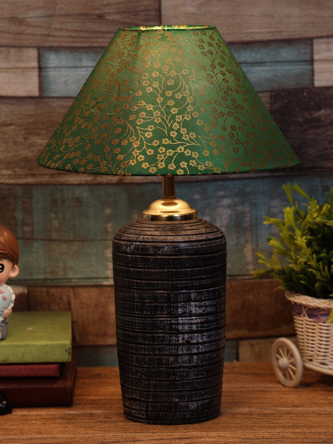foziq Grey & Green Solid Terracotta Table Lamps With Shade Price in India
