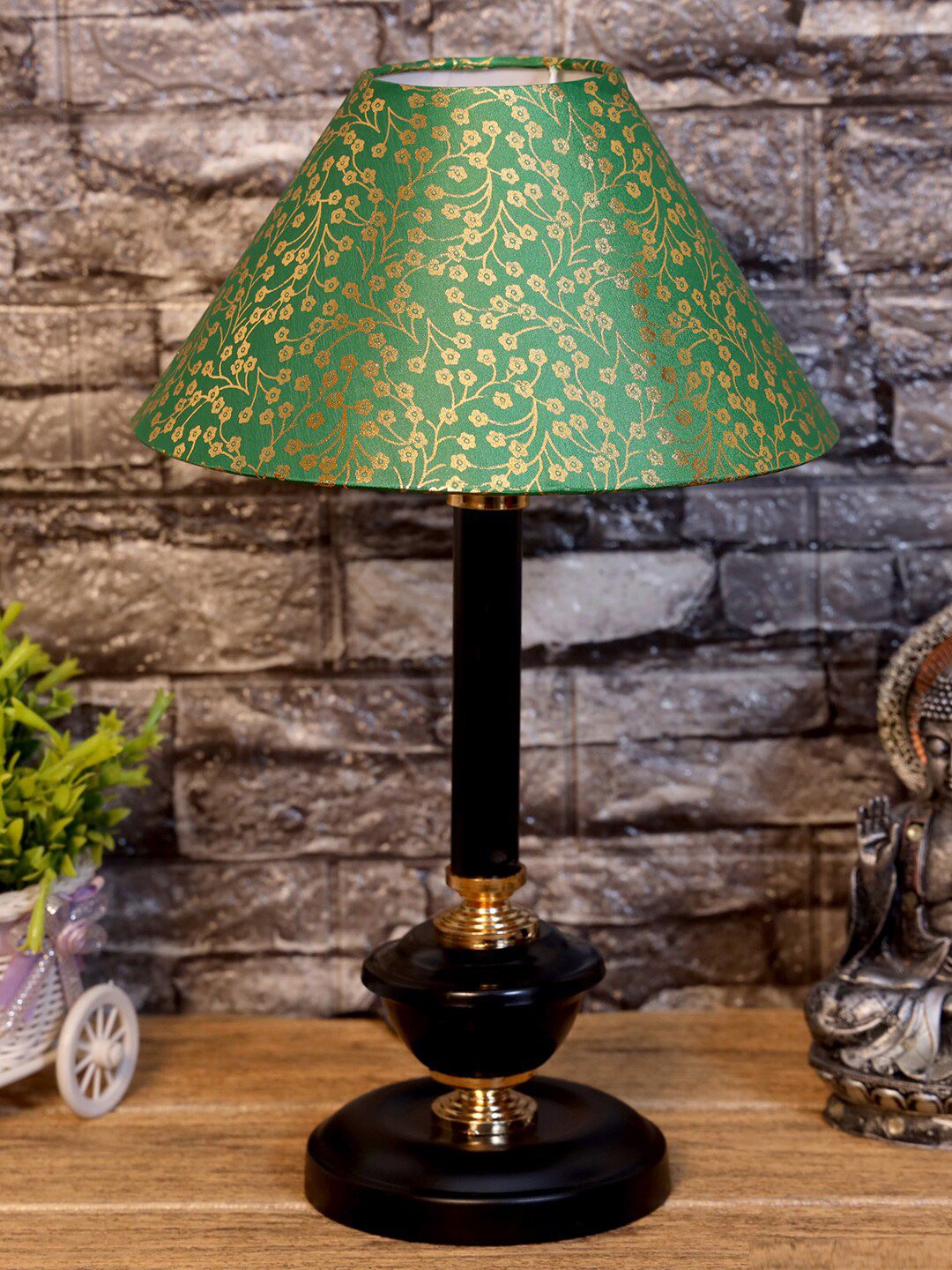 foziq Adults Black & Green Printed Table Lamp With Shade Price in India