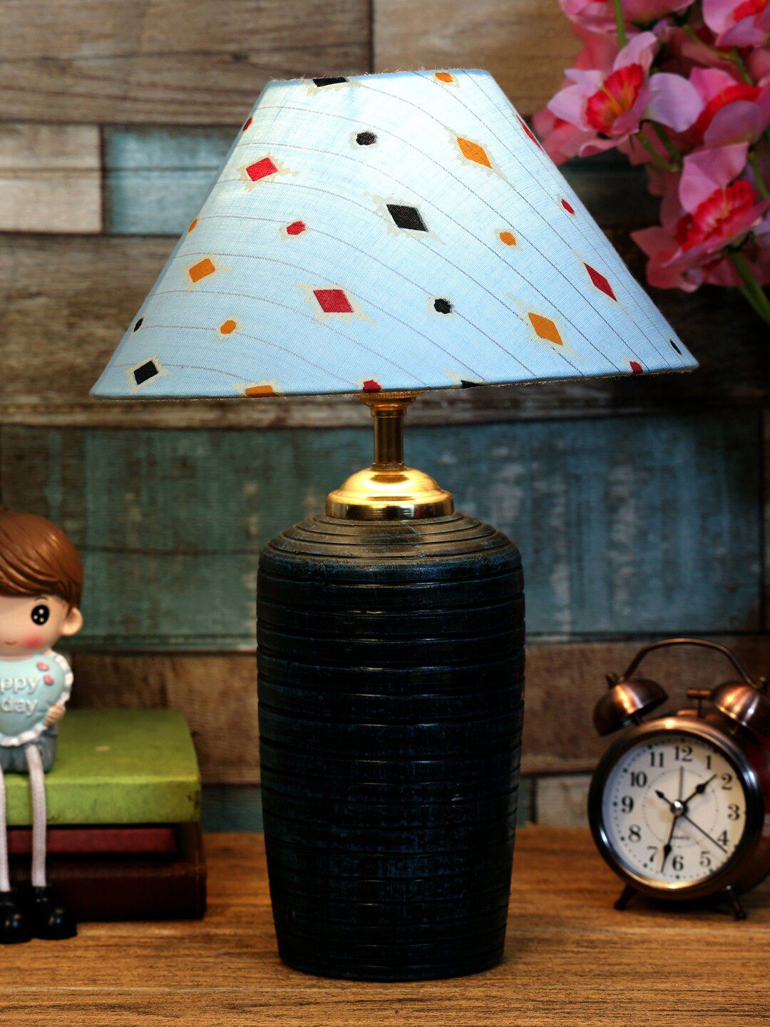 foziq White ,Blue & Pink  Printed Table Lamp Price in India