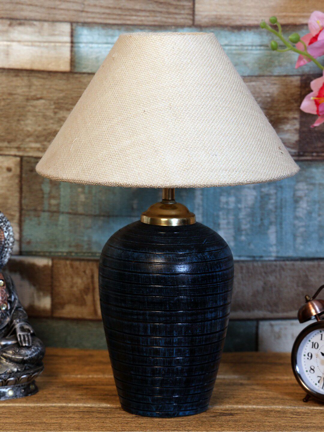foziq Blue & Off-White Solid Bell Shaped Table Lamp Price in India