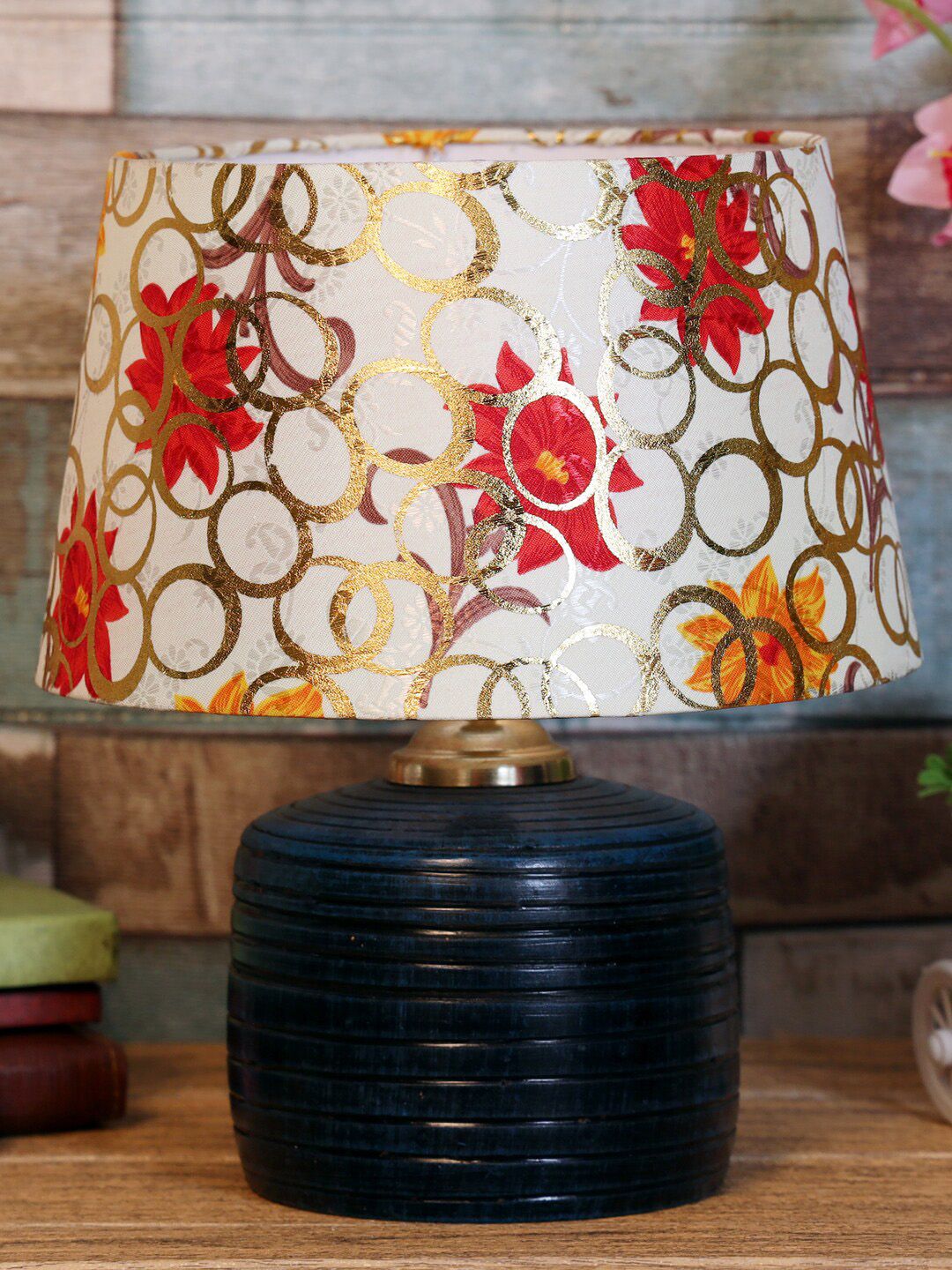foziq Blue & Gold-Coloured Printed Table Lamp Price in India