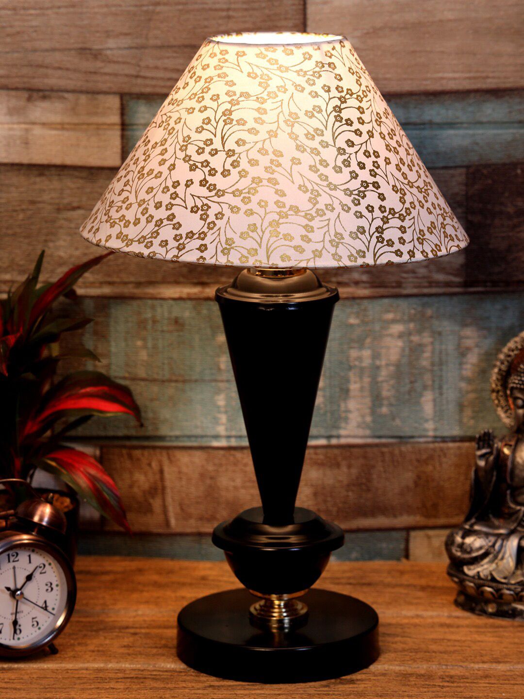 foziq Black & Gold Textured Bell Shape Table Lamp Price in India