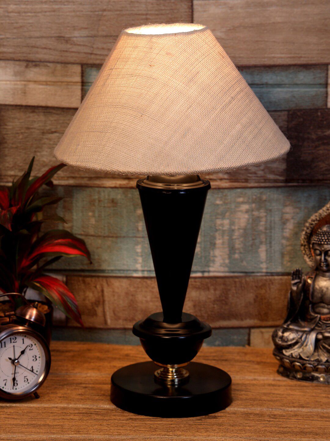 foziq Black & Cream Colored Printed Table Lamps Price in India