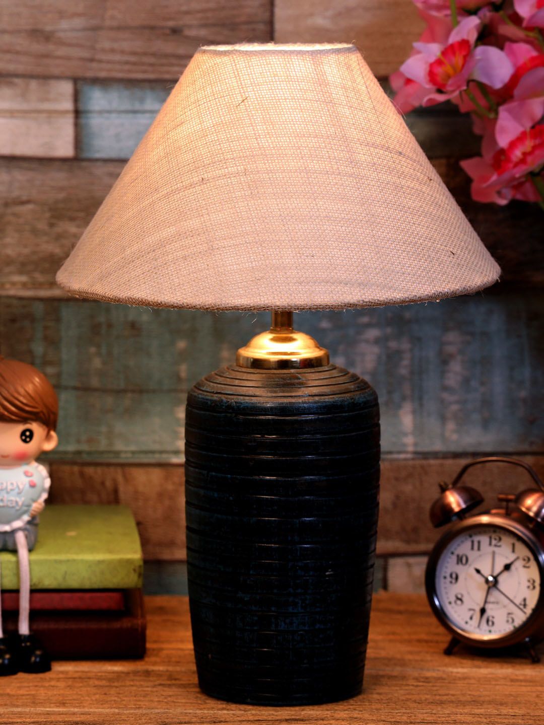 foziq Blue Textured Terracotta Table Lamps Price in India