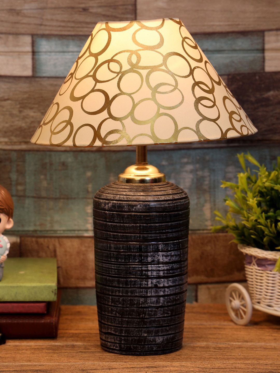 foziq Adults Grey & Gold-Toned Printed Table Lamp Price in India