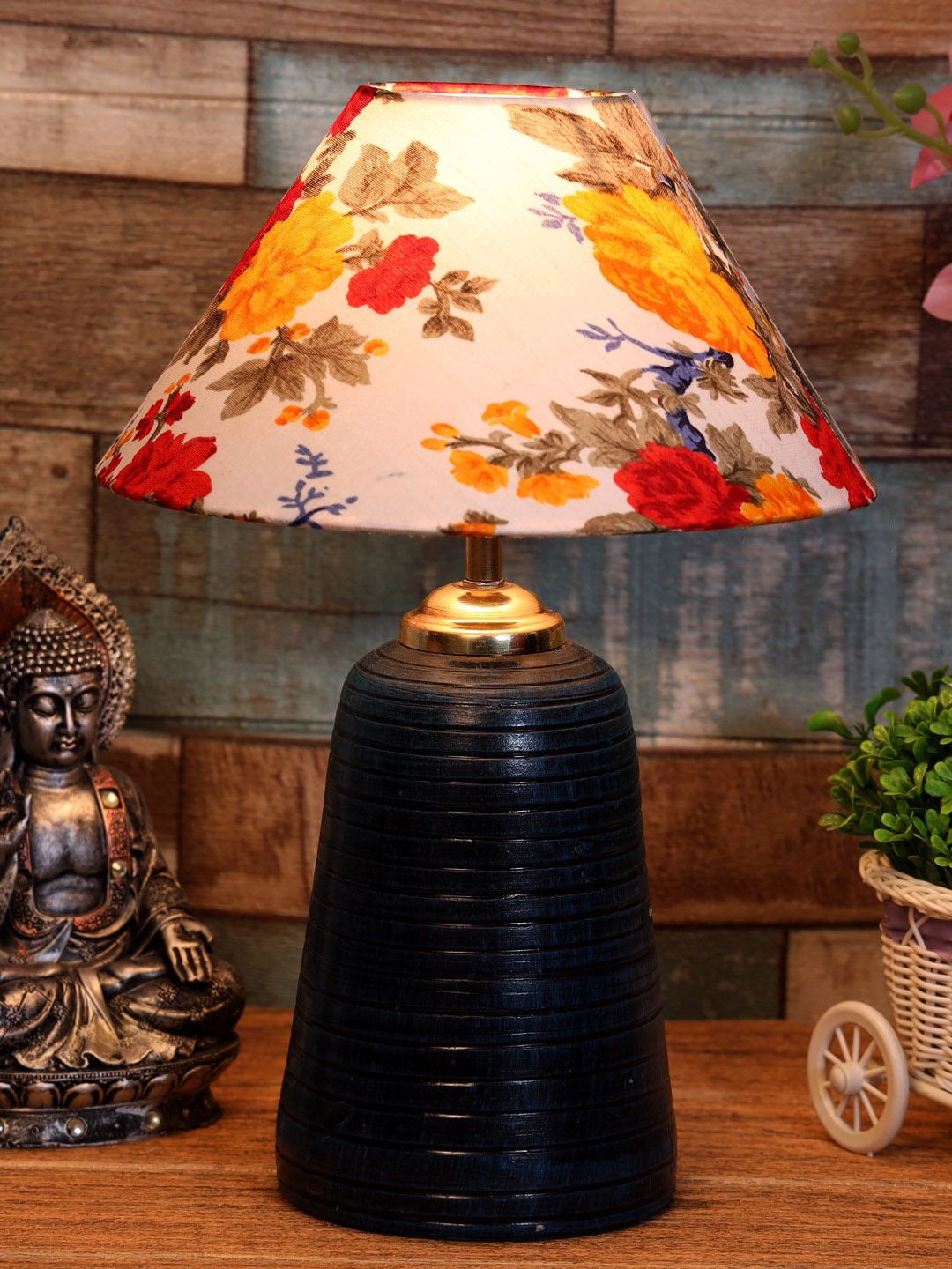 foziq Blue & White Floral Printed Frustum Table Lamp Price in India