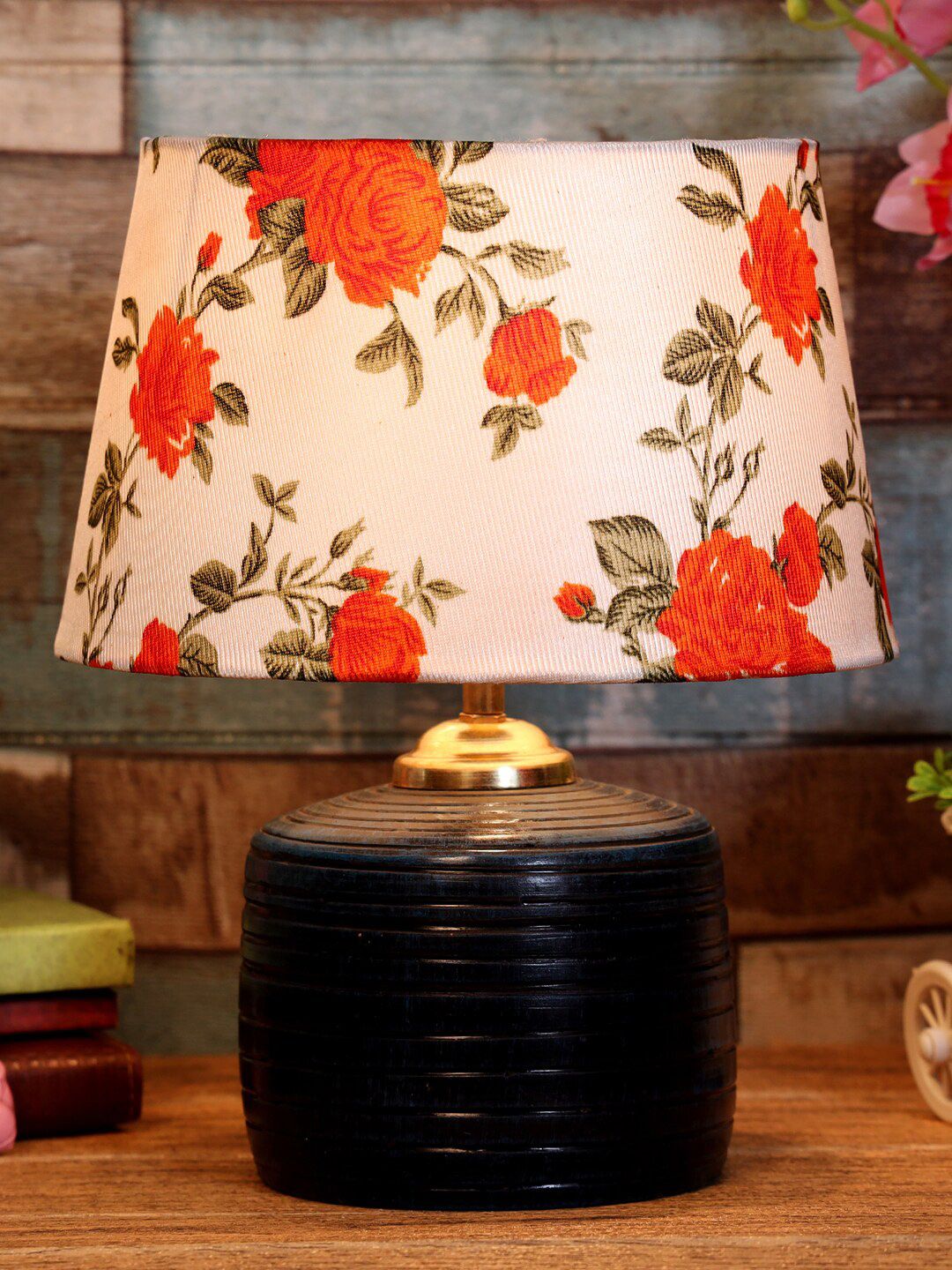foziq Blue & Red Printed Terracotta Table Lamp Price in India