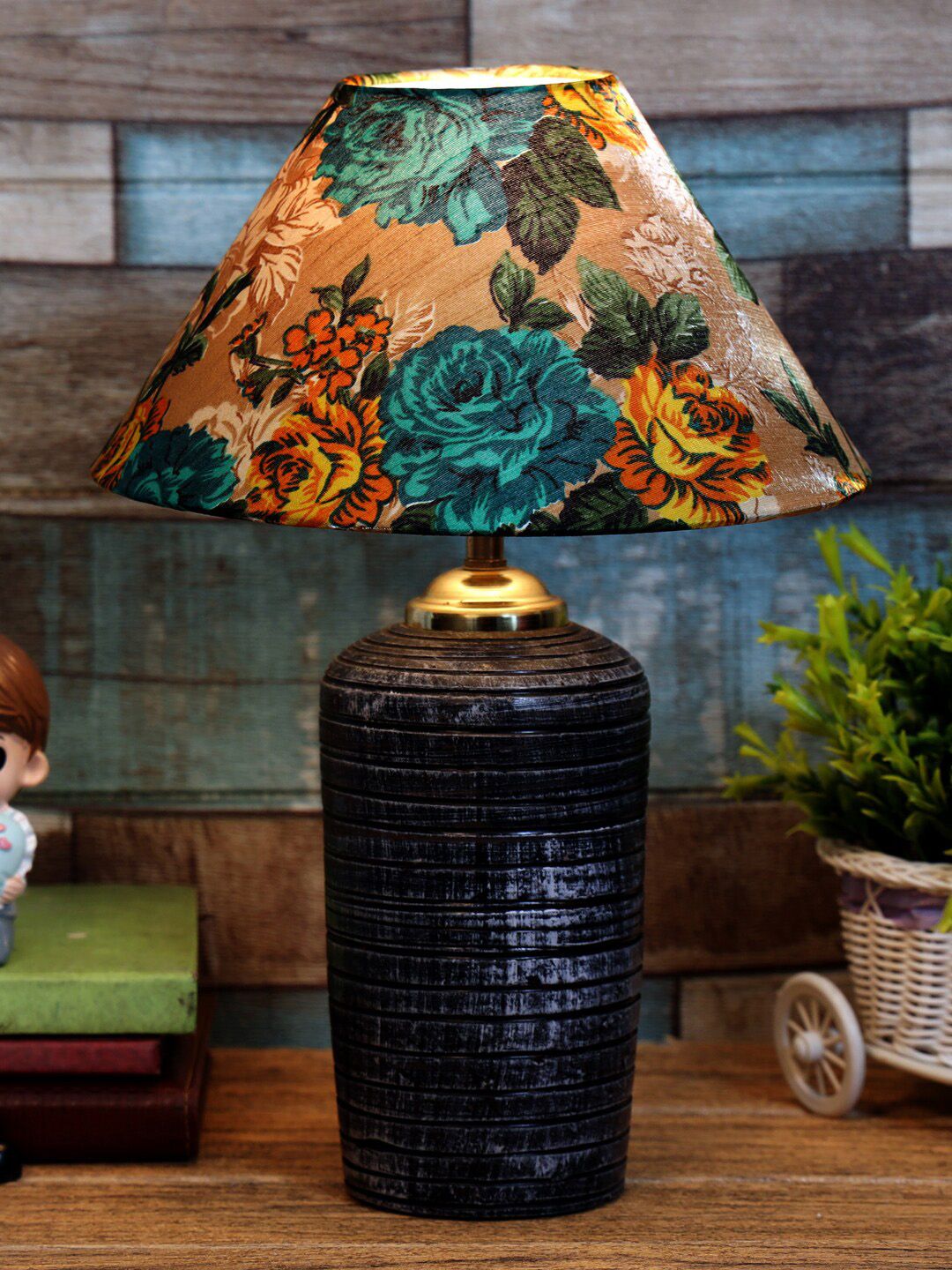 foziq Grey & Black Floral Printed Table Lamp Price in India