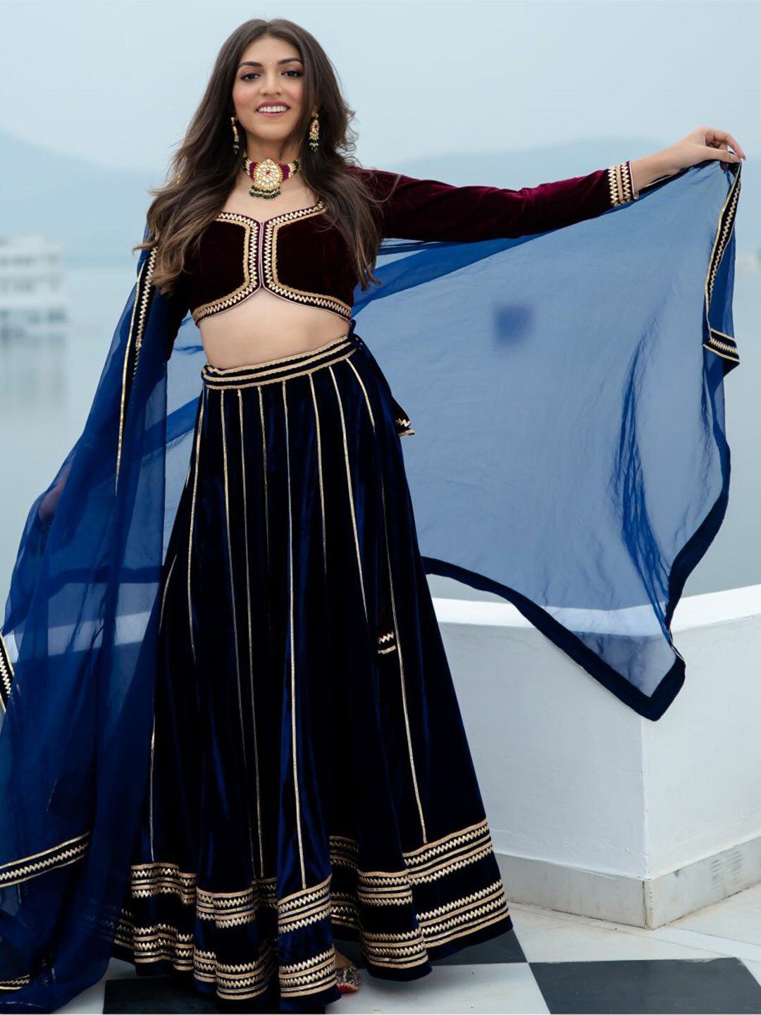 Lavanya The Label Blue & Maroon to Wear Lehenga & Blouse With Dupatta Price in India