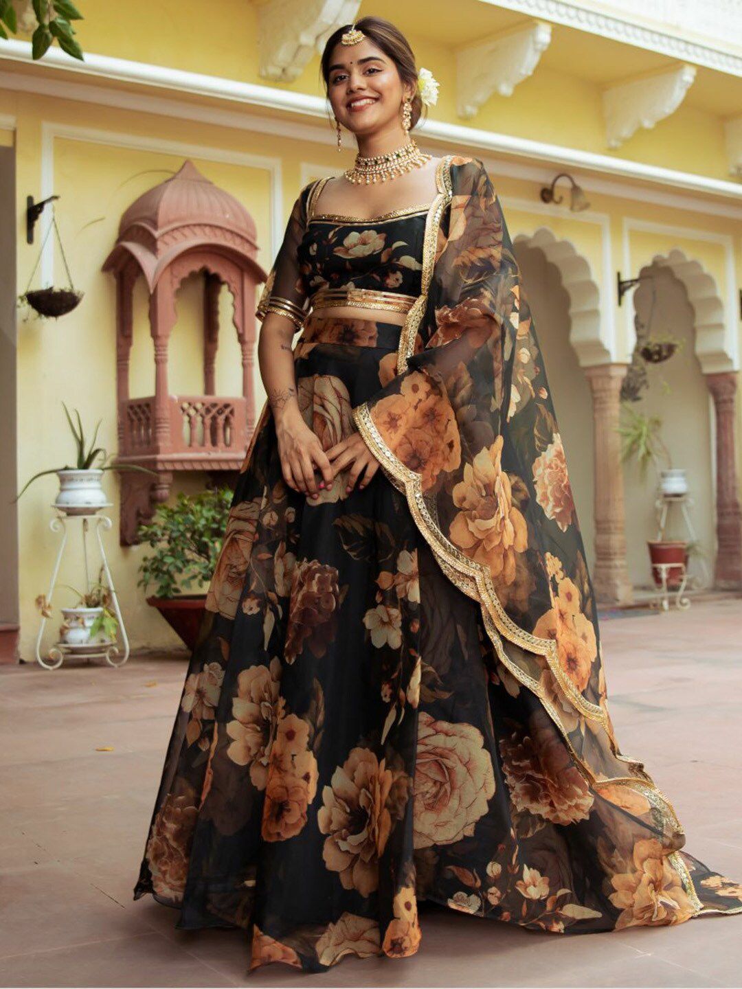 Lavanya The Label Green & Brown Printed Ready to Wear Lehenga & Blouse With Dupatta Price in India