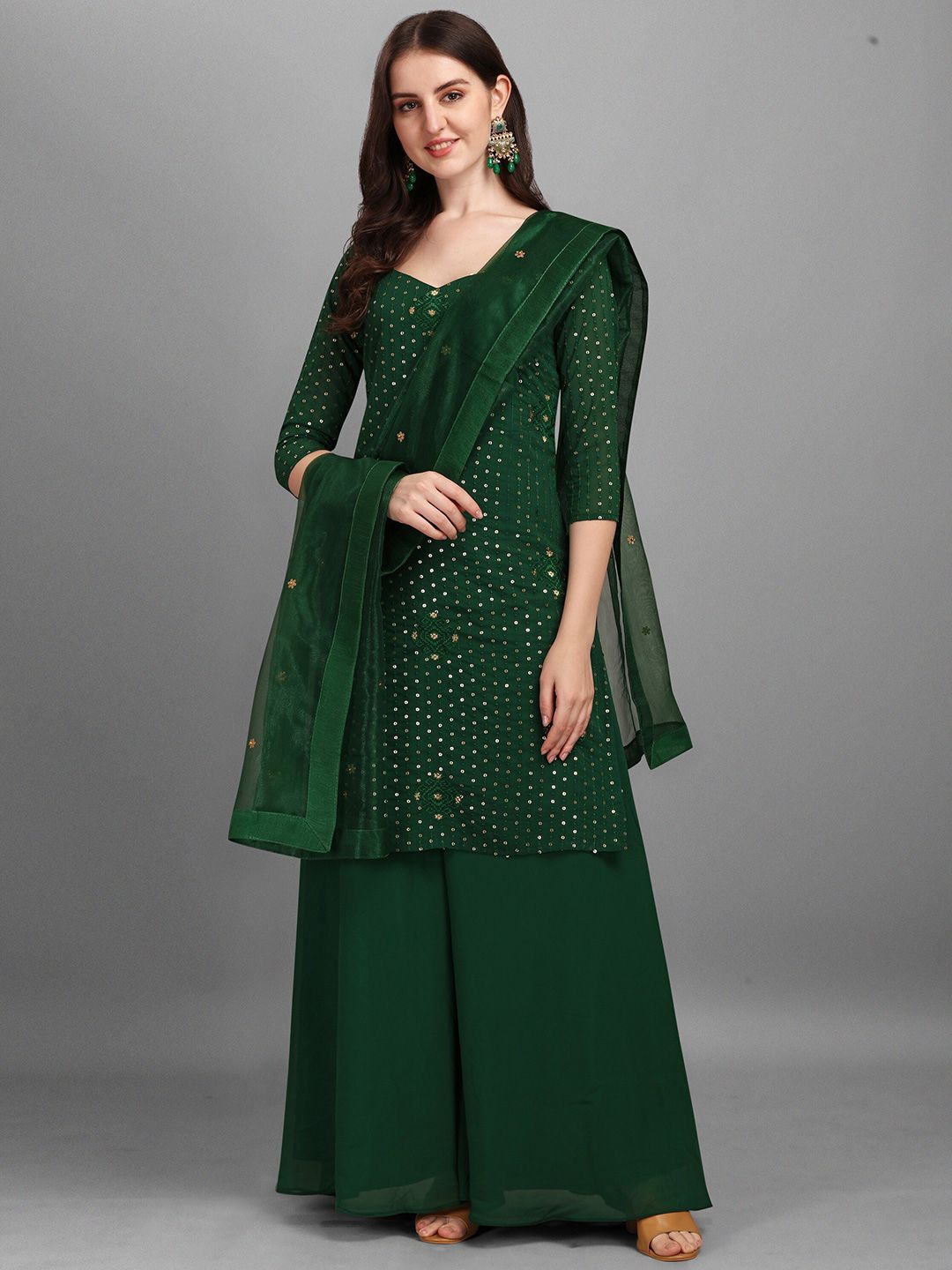Ethnic Yard Women Green & Gold-Toned Embroidered Semi-Stitched Dress Material Price in India