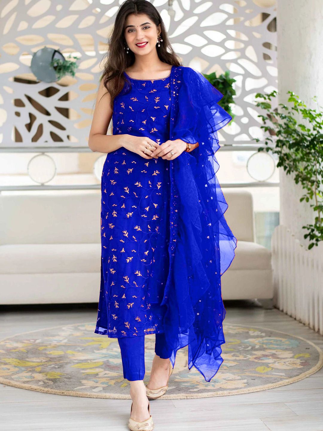 Ethnic Yard Women Blue & Gold-Toned Embroidered Semi-Stitched Dress Material Price in India