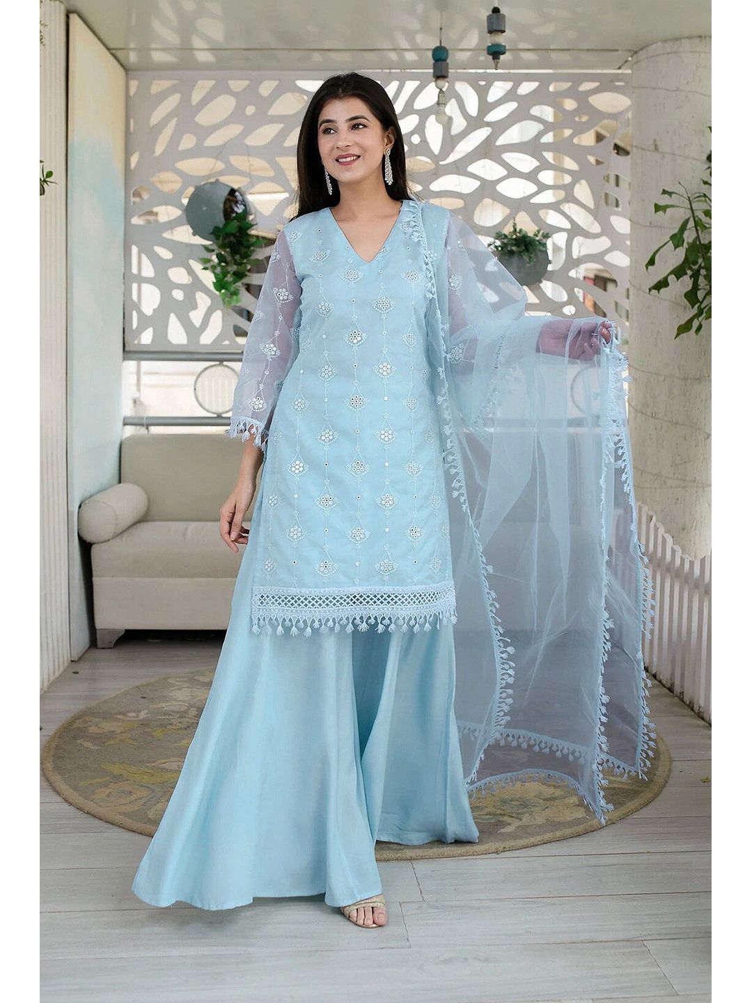 Ethnic Yard Women Blue & Silver-Toned Embroidered Semi-Stitched Dress Material Price in India