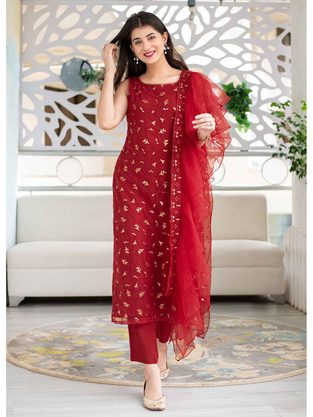 Ethnic Yard Women Red & Gold-Toned Embroidered Semi-Stitched Dress Material Price in India