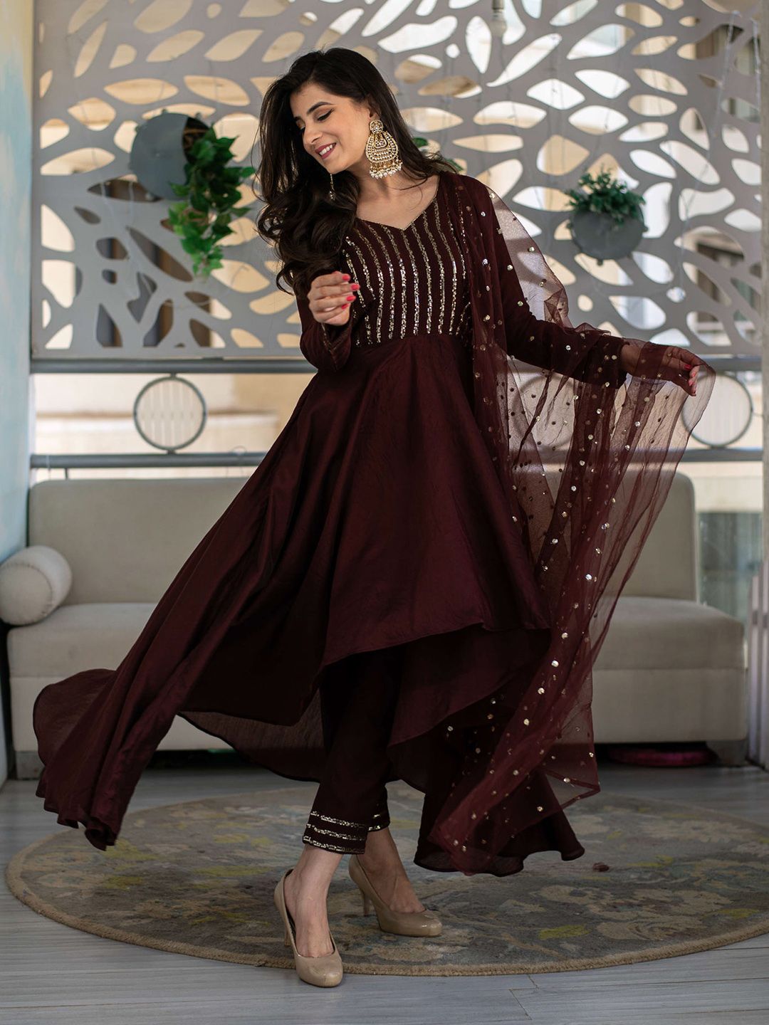 Ethnic Yard Brown & Gold-Toned Embellished Semi-Stitched Dress Material Price in India
