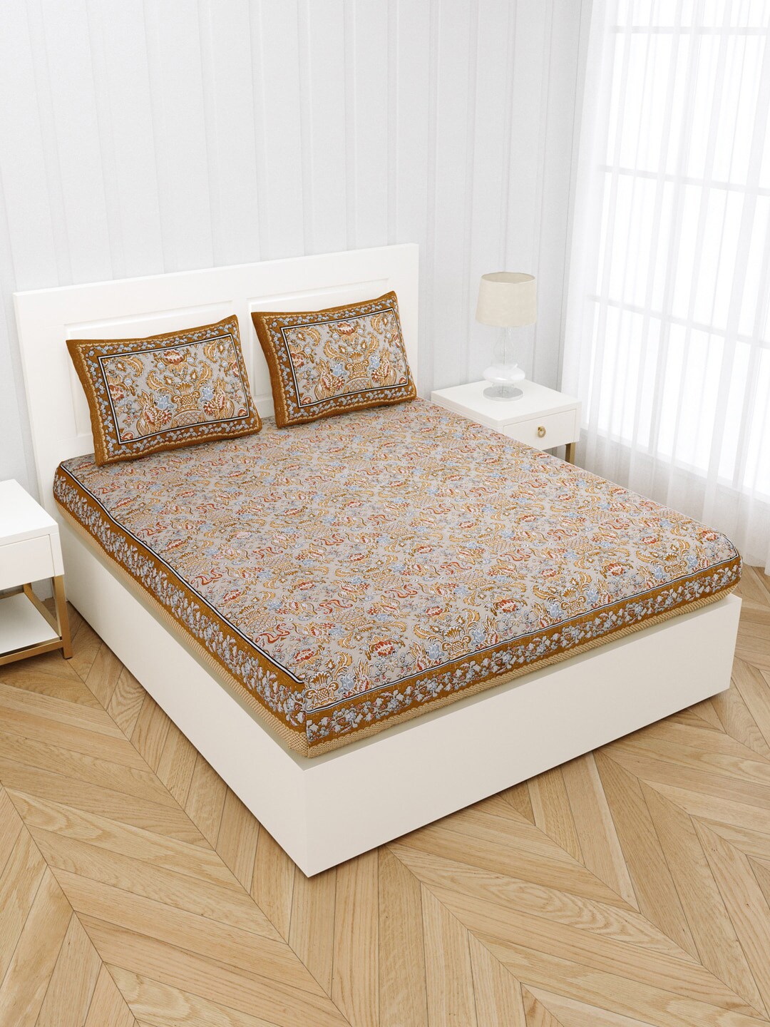 JAIPUR FABRIC Brown & Beige Ethnic Motifs Queen Bedsheet with 2 Pillow Covers Price in India