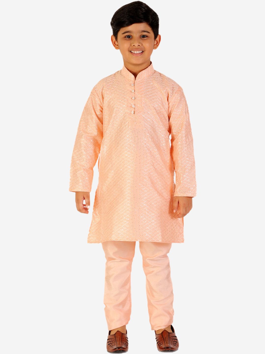 Pro-Ethic STYLE DEVELOPER Boys Peach-Coloured Pure Silk Kurta with Pyjamas