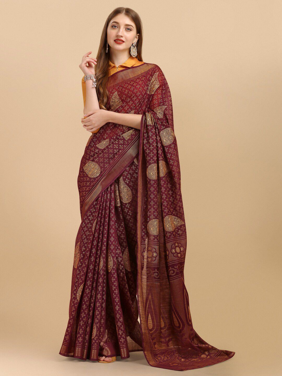 Sangria Violet & Gold-Toned Ethnic Motifs Zari Brasso Saree Price in India