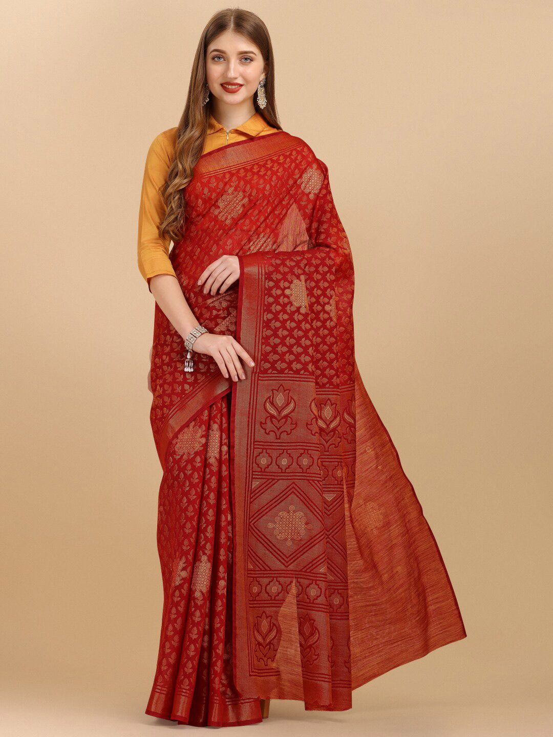 Sangria Red & Gold-Toned Ethnic Motifs Zari Pure Chiffon Saree Price in India