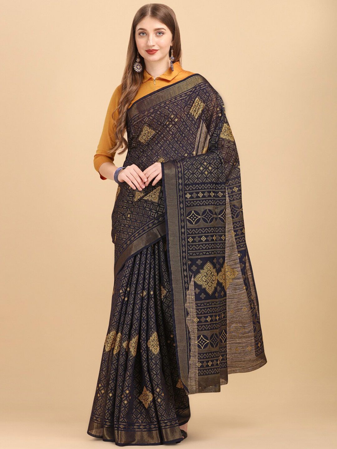 Sangria Navy Blue & Gold-Toned Ethnic Motifs Zari Pure Chiffon Saree Price in India