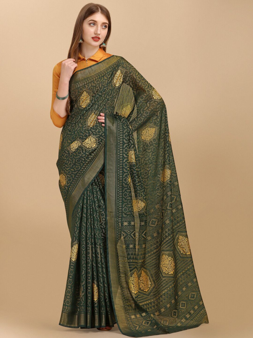 Sangria Green & Gold-Toned Ethnic Motifs Zari Pure Cotton Saree Price in India