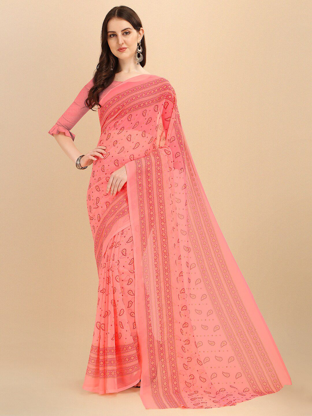 Sangria Pink & Red Ethnic Motifs Pure Chiffon Saree Price in India