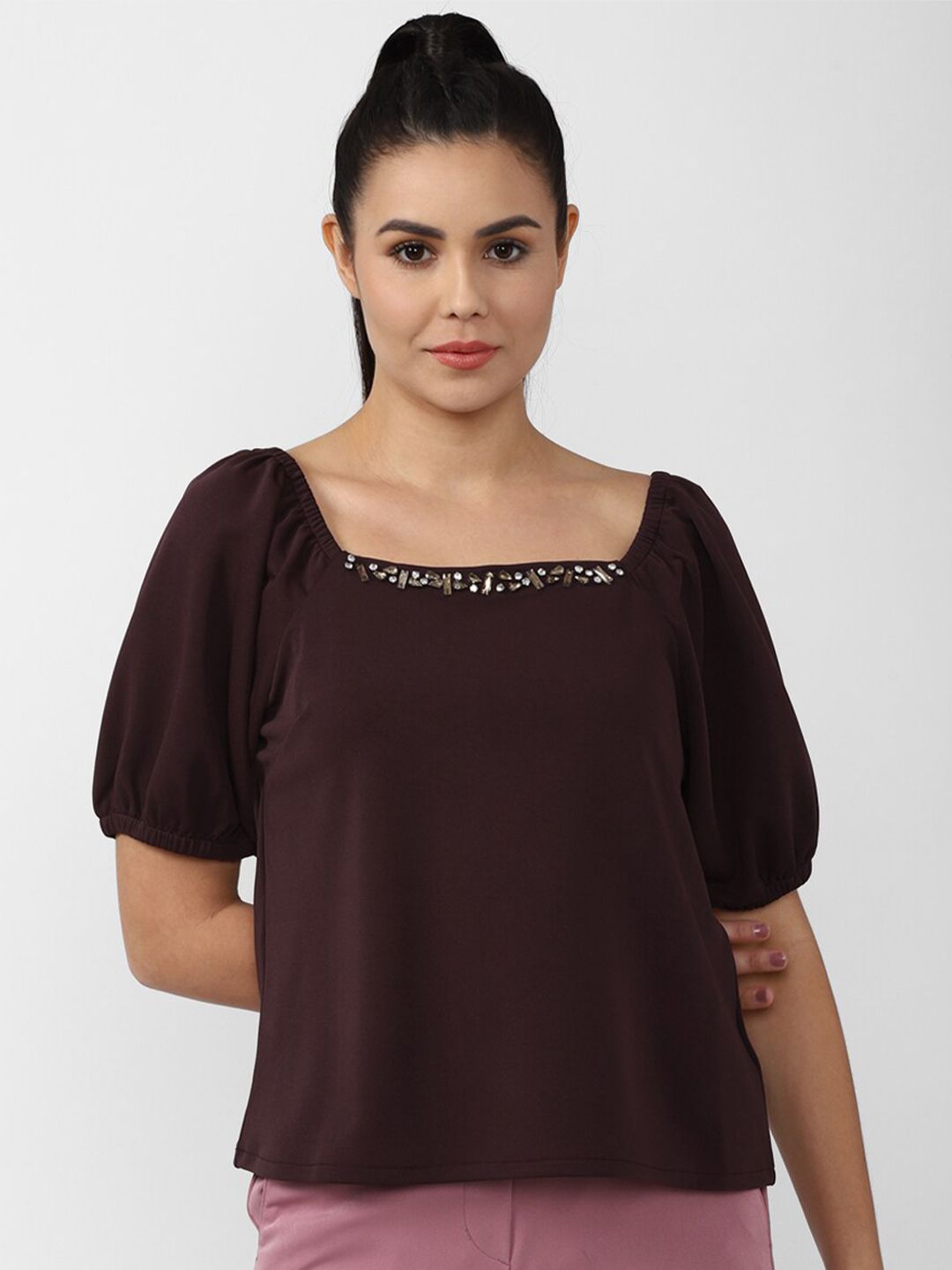 Van Heusen Woman Coffee Brown Embellished Square Neck Top Price in India