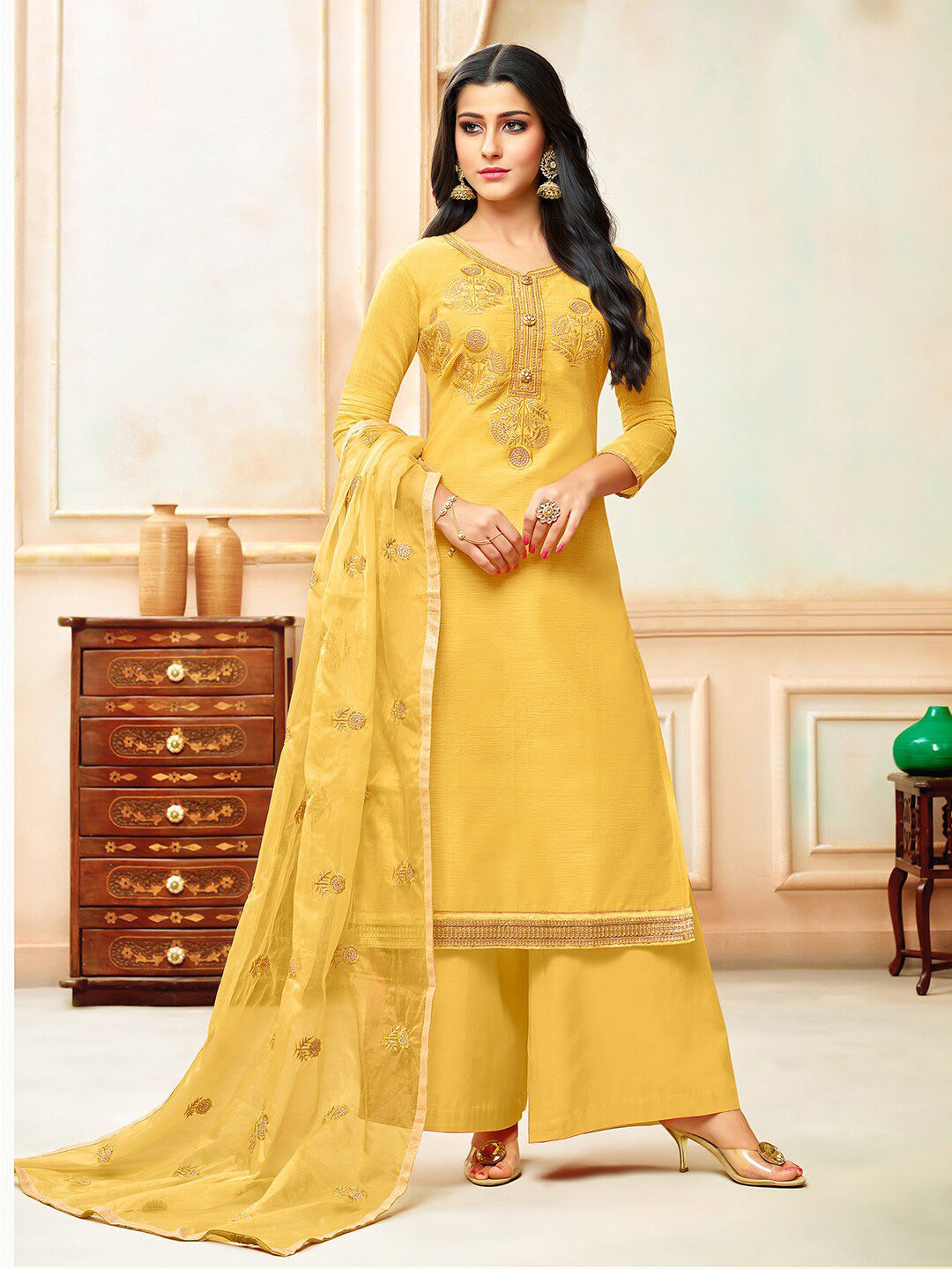 mf Yellow & Gold-Toned Embroidered Unstitched Dress Material Price in India