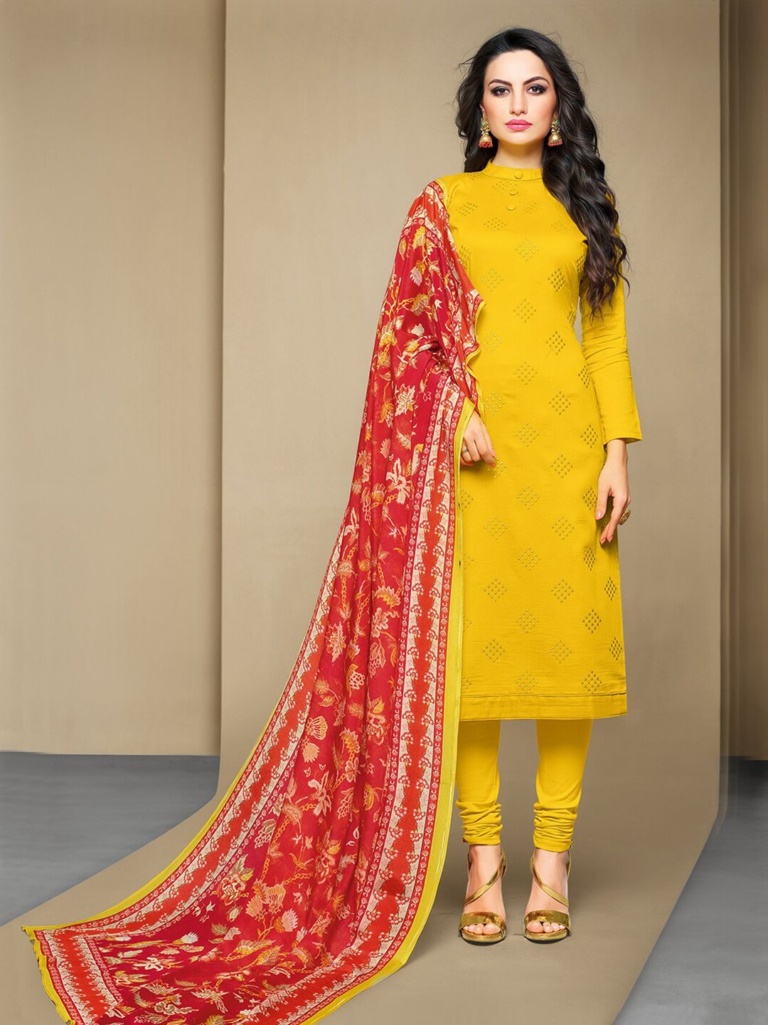 mf Yellow & Red Unstitched Embroidered Dress Material Price in India