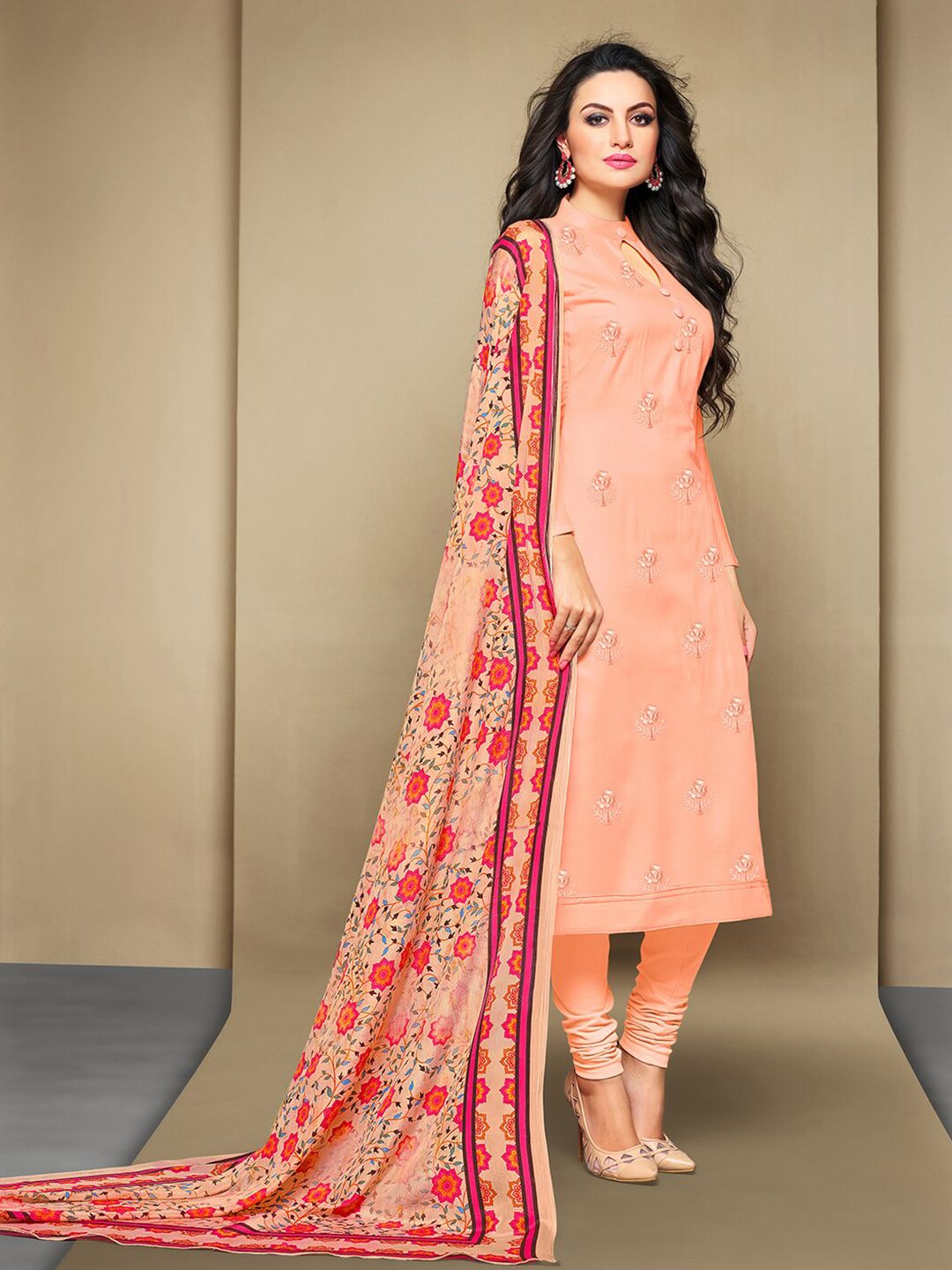 mf Peach-Coloured & Pink Embroidered Unstitched Dress Material Price in India