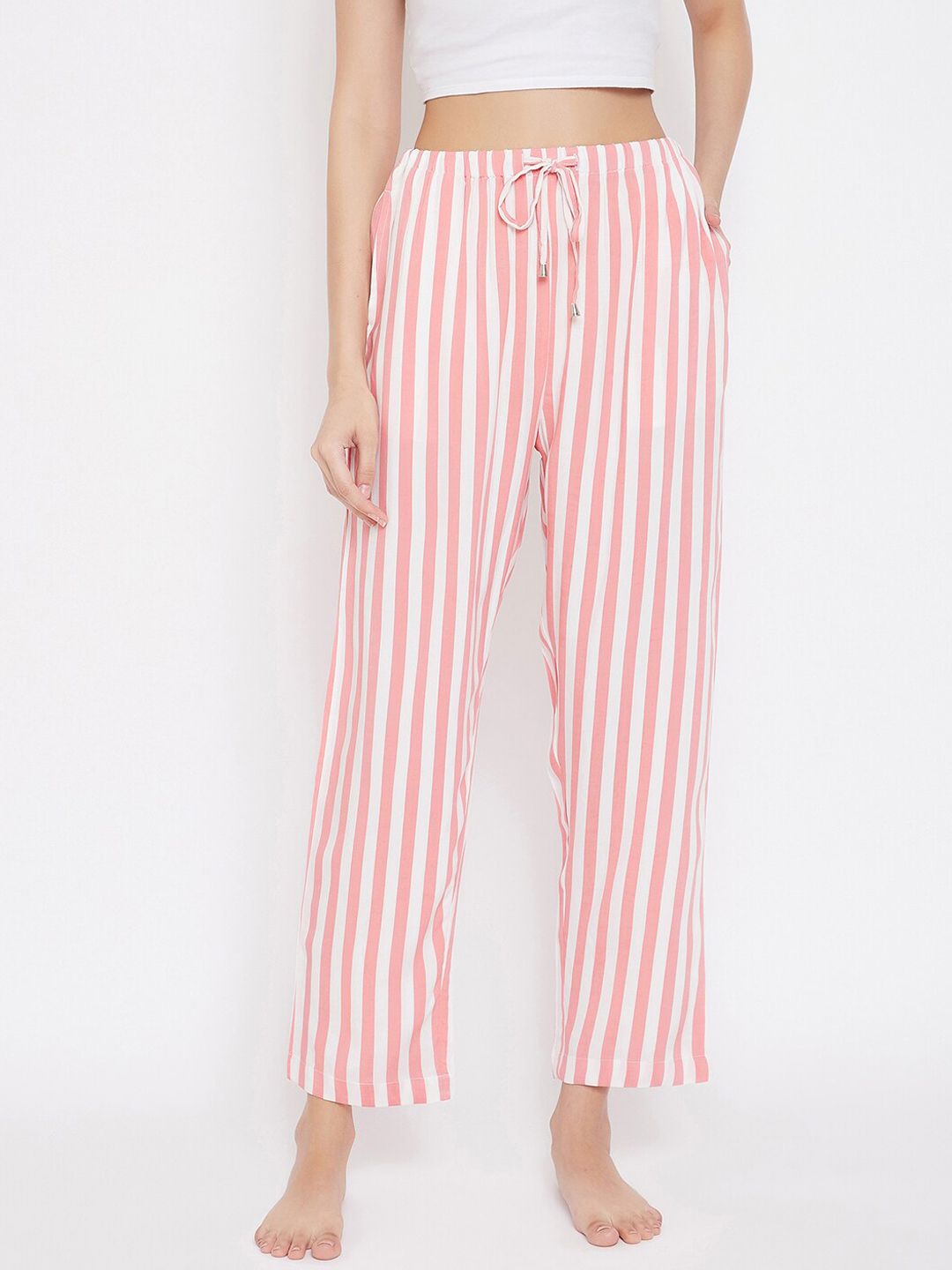 Hypernation Women Pink & White Striped Lounge Pants Price in India