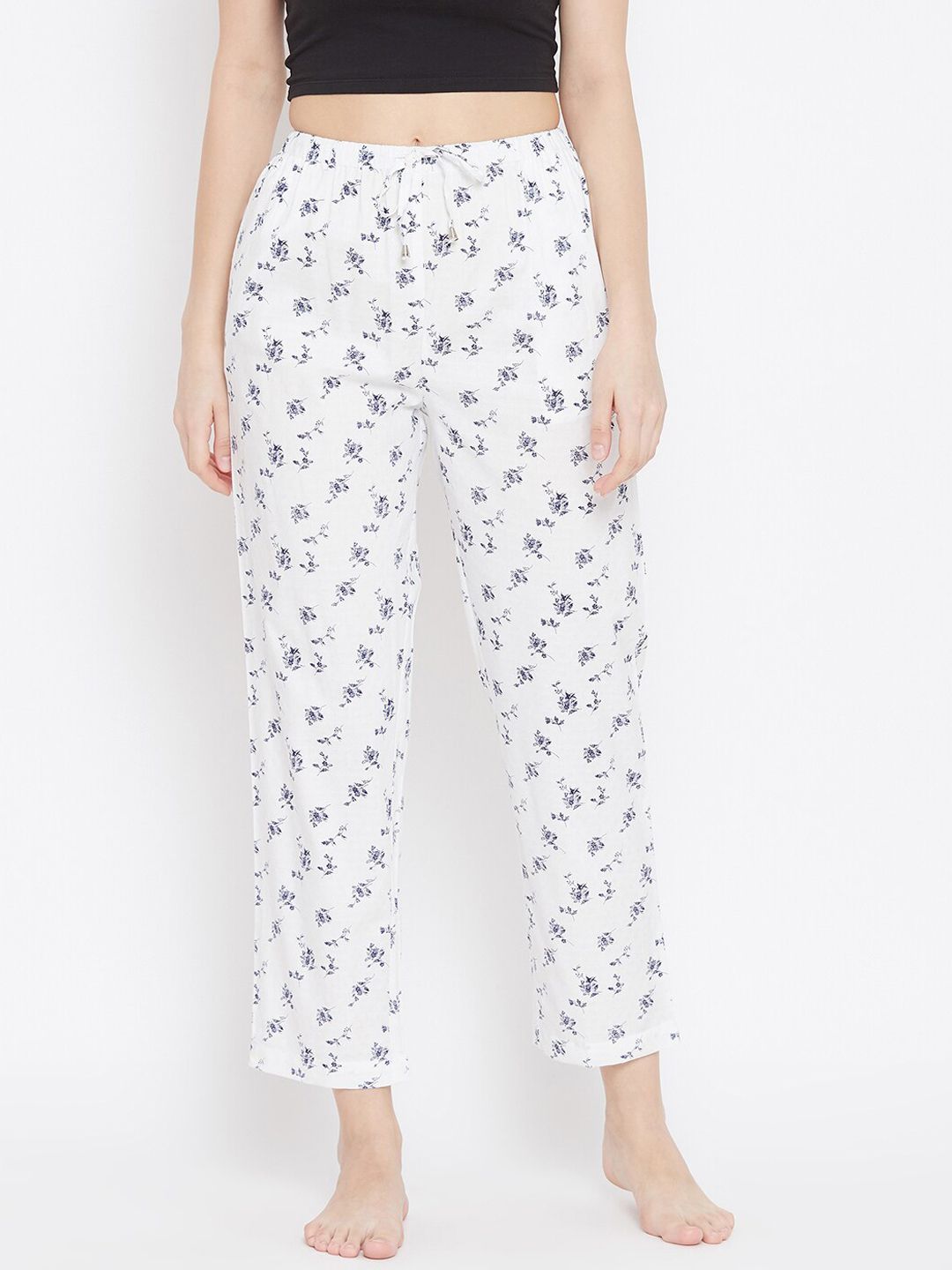 Hypernation Women White Floral Printed Cotton Lounge Pant Price in India