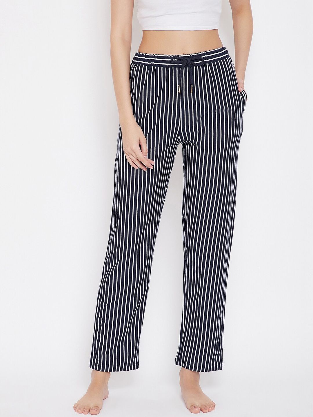 Hypernation Women Blue & White Striped Cotton Lounge Pants Price in India