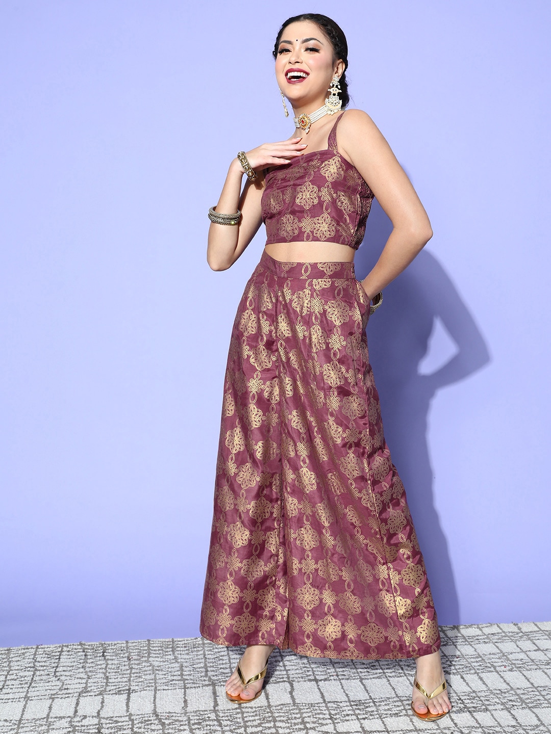 Moda Rapido Women Burgundy Printed Top with Palazzos Price in India